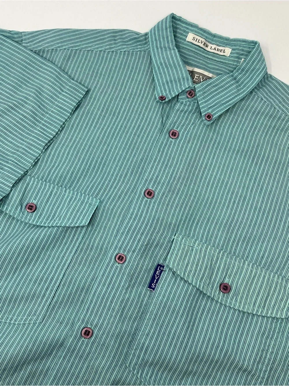 Vintage Levi's Silver Label Men's M Button Up Turquoise/Blue Striped Shirt A6